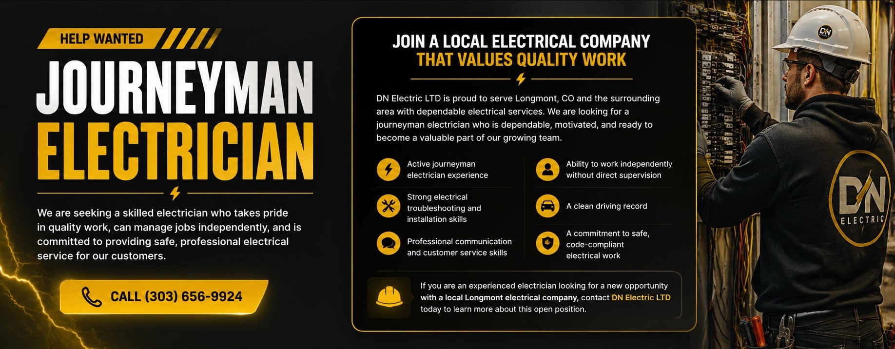 DN Electric LTD Help Wanted artwork for a Journeyman Electrician in Longmont, Colorado.